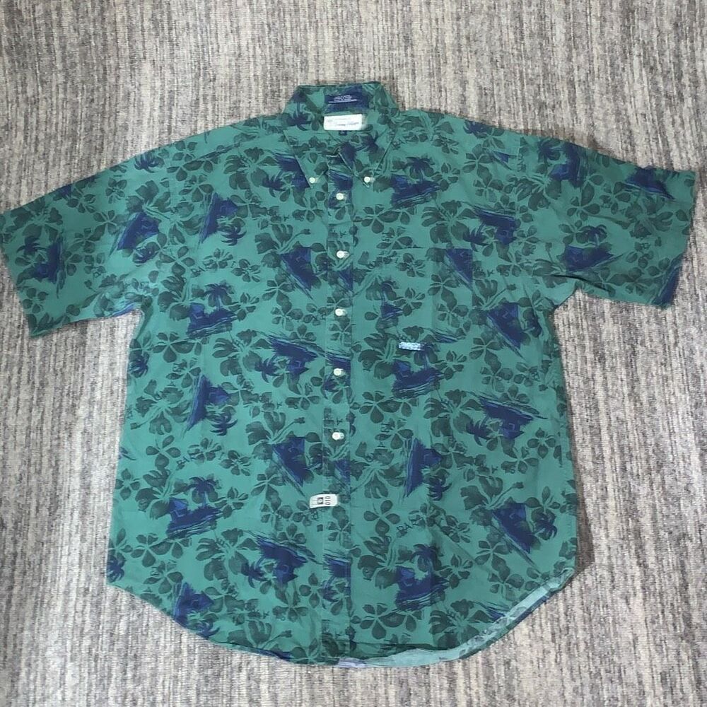 Tommy Hilfiger Mens Size Large Button Front Hawaiian Print Shirt Green Blue